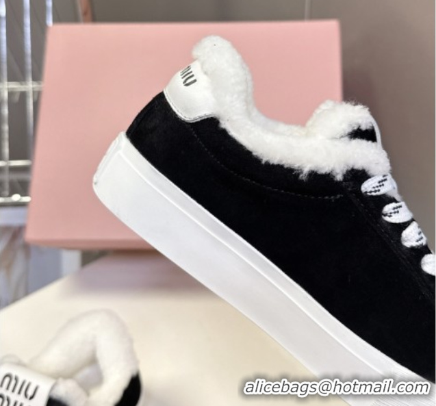 Luxury Discount Miu Miu Suede and Wool Sneakers with Bow Black 1024087