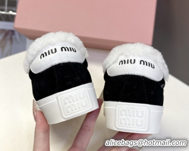 Luxury Discount Miu Miu Suede and Wool Sneakers with Bow Black 1024087