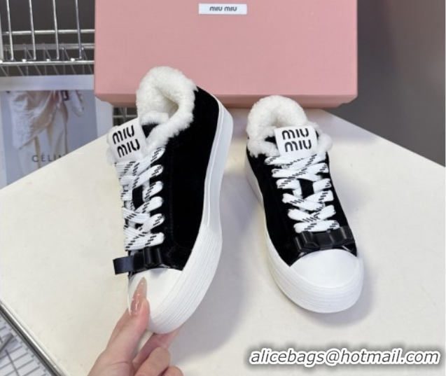 Luxury Discount Miu Miu Suede and Wool Sneakers with Bow Black 1024087