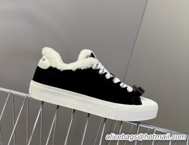 Luxury Discount Miu Miu Suede and Wool Sneakers with Bow Black 1024087