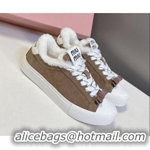 Big Discount Miu Miu Suede and Wool Sneakers with Bow Brown 1024088
