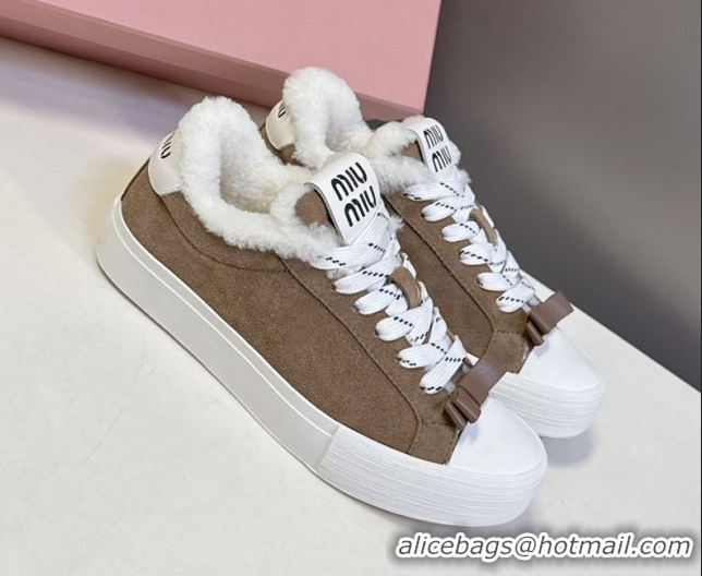 Big Discount Miu Miu Suede and Wool Sneakers with Bow Brown 1024088