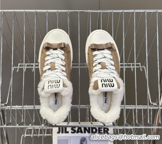 Big Discount Miu Miu Suede and Wool Sneakers with Bow Brown 1024088