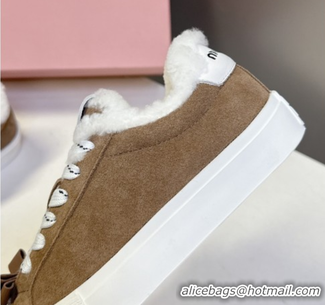 Big Discount Miu Miu Suede and Wool Sneakers with Bow Brown 1024088