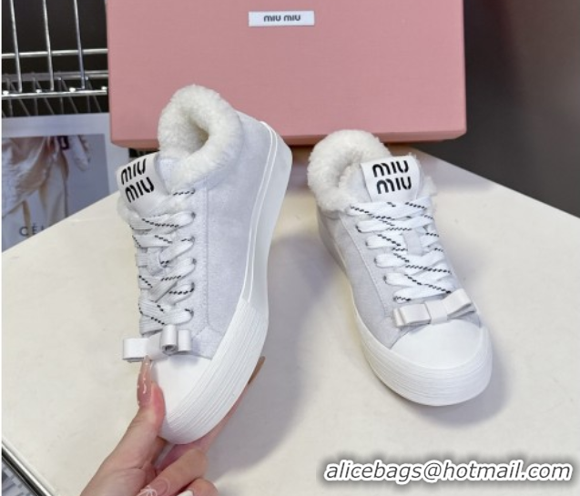 Hot Style Miu Miu Suede and Wool Sneakers with Bow Grey 1024089