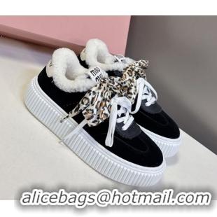 Luxurious Miu Miu Suede and Wool Sneakers 4.5cm with Double Lace Black 1024091