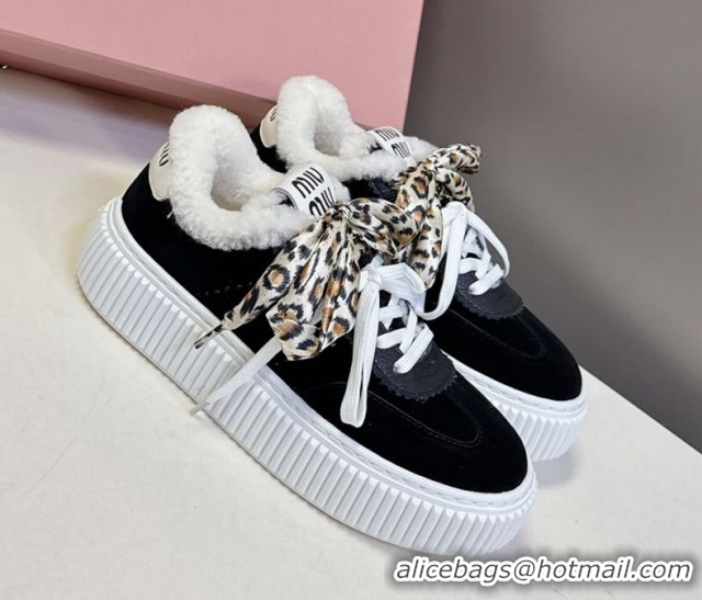 Luxurious Miu Miu Suede and Wool Sneakers 4.5cm with Double Lace Black 1024091