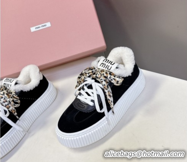 Luxurious Miu Miu Suede and Wool Sneakers 4.5cm with Double Lace Black 1024091