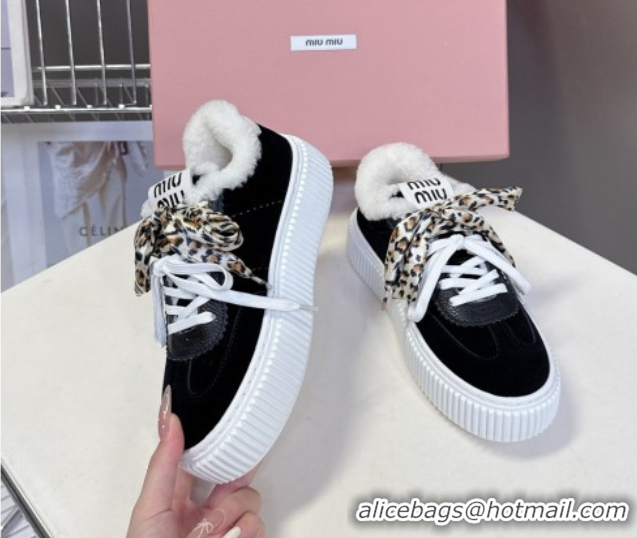Luxurious Miu Miu Suede and Wool Sneakers 4.5cm with Double Lace Black 1024091