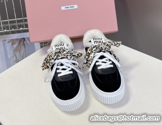 Luxurious Miu Miu Suede and Wool Sneakers 4.5cm with Double Lace Black 1024091