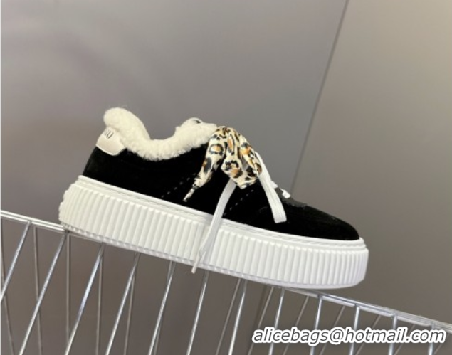 Luxurious Miu Miu Suede and Wool Sneakers 4.5cm with Double Lace Black 1024091