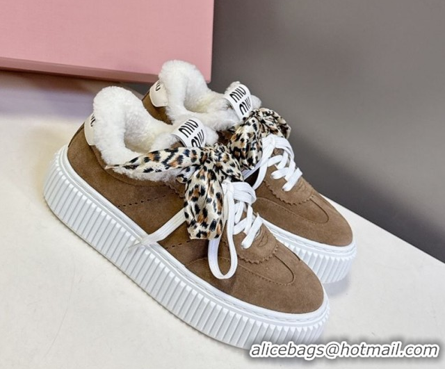 Best Grade Miu Miu Suede and Wool Sneakers 4.5cm with Double Lace Brown 1024092