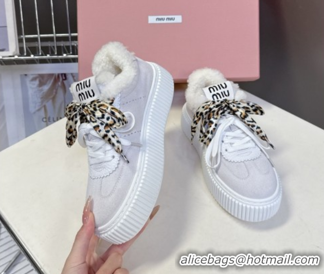 Shop Duplicate Miu Miu Suede and Wool Sneakers 4.5cm with Double Lace Grey 1024094