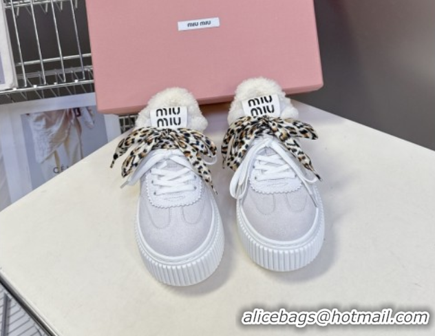 Shop Duplicate Miu Miu Suede and Wool Sneakers 4.5cm with Double Lace Grey 1024094