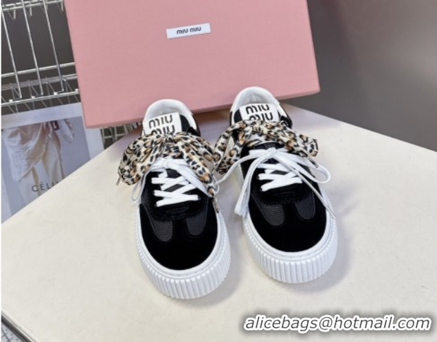 Buy Luxury Miu Miu Suede and Leather Sneakers 4.5cm with Double Lace Black 1024095