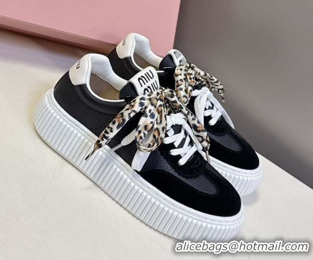 Buy Luxury Miu Miu Suede and Leather Sneakers 4.5cm with Double Lace Black 1024095