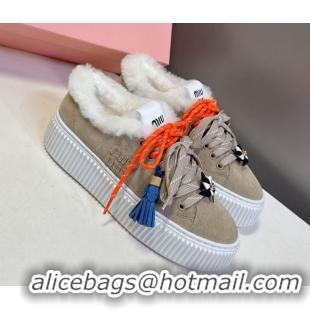 Luxury Miu Miu Suede and Wool Platform Sneakers 4.5cm with Charm Beige 1024098