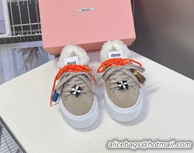 Luxury Miu Miu Suede and Wool Platform Sneakers 4.5cm with Charm Beige 1024098