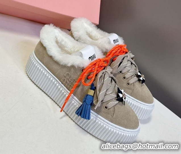 Luxury Miu Miu Suede and Wool Platform Sneakers 4.5cm with Charm Beige 1024098