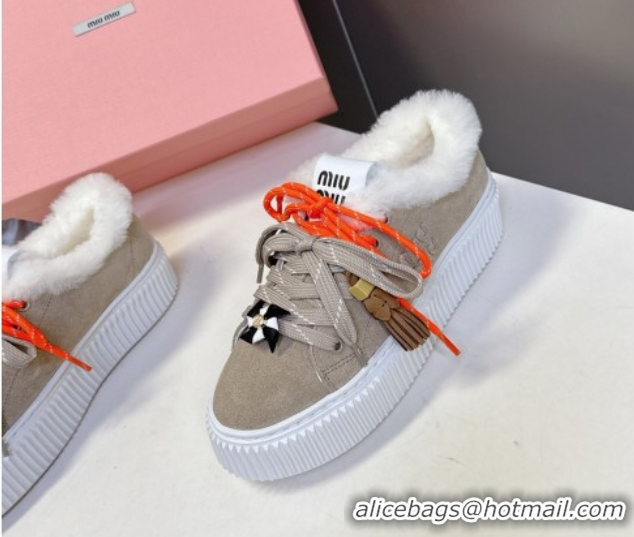 Luxury Miu Miu Suede and Wool Platform Sneakers 4.5cm with Charm Beige 1024098