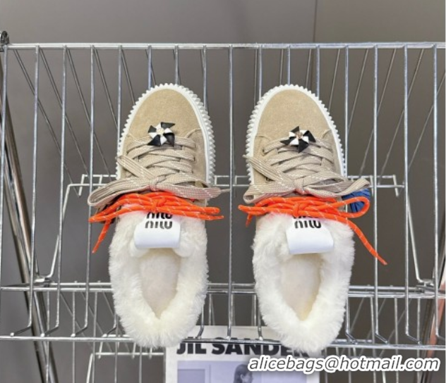 Luxury Miu Miu Suede and Wool Platform Sneakers 4.5cm with Charm Beige 1024098