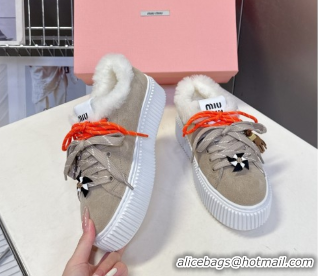 Luxury Miu Miu Suede and Wool Platform Sneakers 4.5cm with Charm Beige 1024098