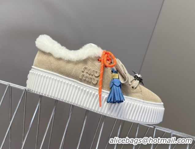 Luxury Miu Miu Suede and Wool Platform Sneakers 4.5cm with Charm Beige 1024098