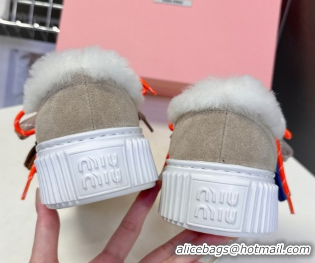 Luxury Miu Miu Suede and Wool Platform Sneakers 4.5cm with Charm Beige 1024098