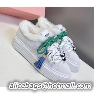 Good Quality Miu Miu Suede and Wool Platform Sneakers 4.5cm with Charm Grey 1024099