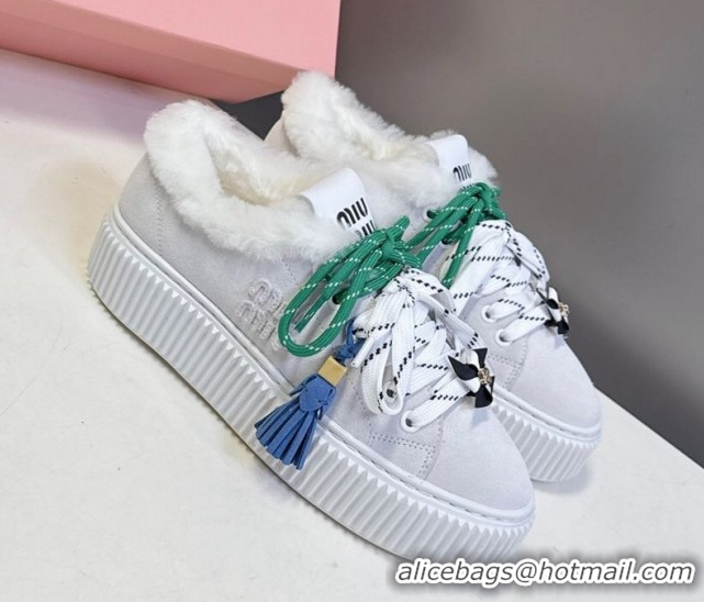 Good Quality Miu Miu Suede and Wool Platform Sneakers 4.5cm with Charm Grey 1024099