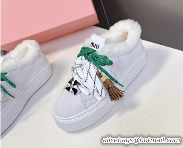 Good Quality Miu Miu Suede and Wool Platform Sneakers 4.5cm with Charm Grey 1024099