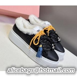 Stylish Miu Miu Leather and Wool Platform Sneakers 4.5cm with Charm Black 1024100