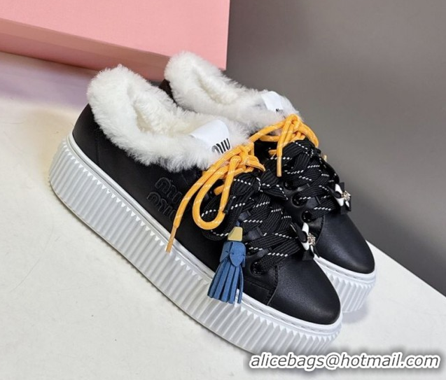Stylish Miu Miu Leather and Wool Platform Sneakers 4.5cm with Charm Black 1024100