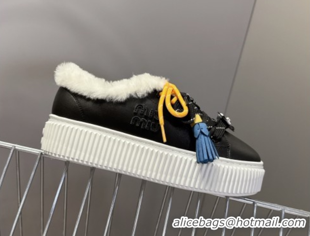 Stylish Miu Miu Leather and Wool Platform Sneakers 4.5cm with Charm Black 1024100
