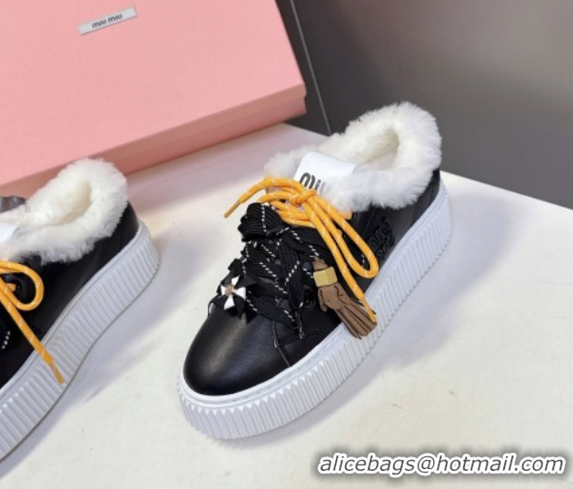 Stylish Miu Miu Leather and Wool Platform Sneakers 4.5cm with Charm Black 1024100