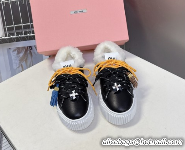 Stylish Miu Miu Leather and Wool Platform Sneakers 4.5cm with Charm Black 1024100