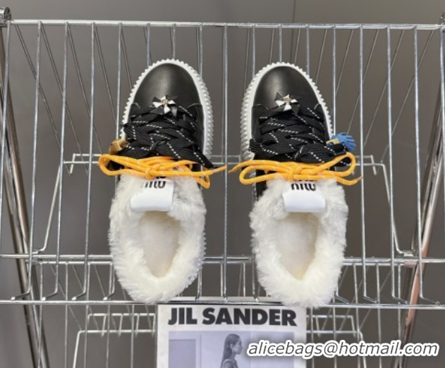 Stylish Miu Miu Leather and Wool Platform Sneakers 4.5cm with Charm Black 1024100