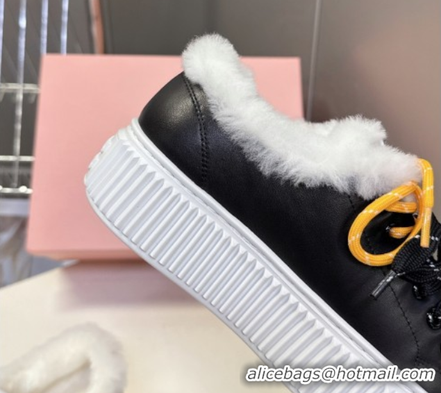 Stylish Miu Miu Leather and Wool Platform Sneakers 4.5cm with Charm Black 1024100