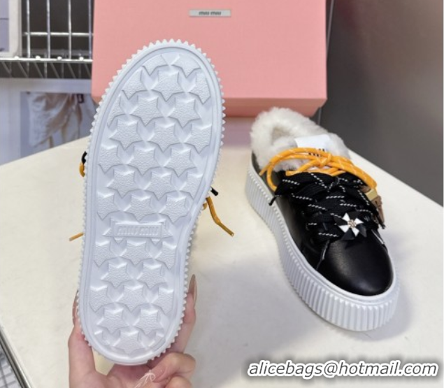 Stylish Miu Miu Leather and Wool Platform Sneakers 4.5cm with Charm Black 1024100