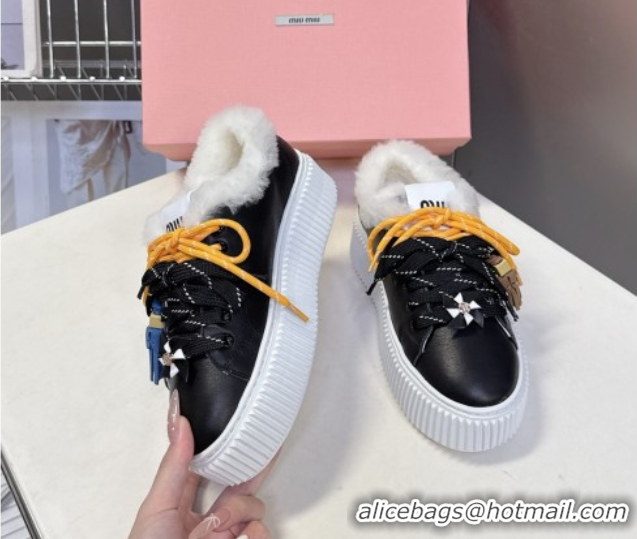 Stylish Miu Miu Leather and Wool Platform Sneakers 4.5cm with Charm Black 1024100