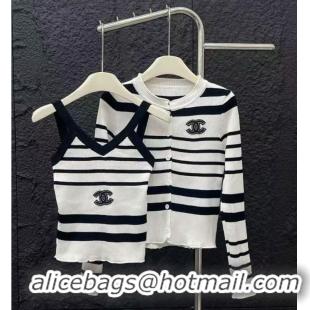 Spot Bulk Chanel Striped Knit Cardigan With Tank Top Set CH2369 Black/White