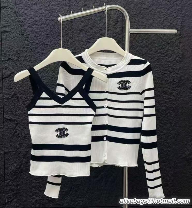 Spot Bulk Chanel Striped Knit Cardigan With Tank Top Set CH2369 Black/White