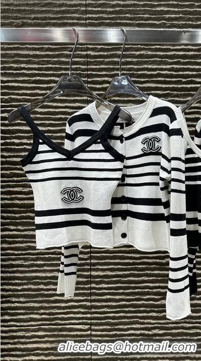 Spot Bulk Chanel Striped Knit Cardigan With Tank Top Set CH2369 Black/White