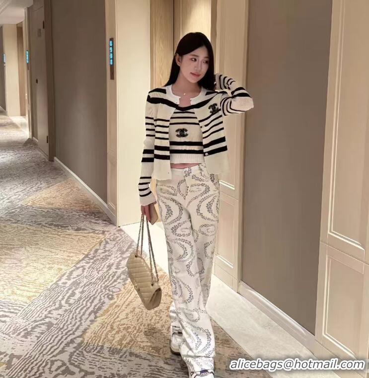 Spot Bulk Chanel Striped Knit Cardigan With Tank Top Set CH2369 Black/White