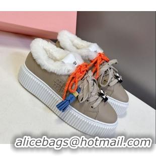 Best Price Miu Miu Leather and Wool Platform Sneakers 4.5cm with Charm Grey 1024101
