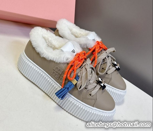 Best Price Miu Miu Leather and Wool Platform Sneakers 4.5cm with Charm Grey 1024101