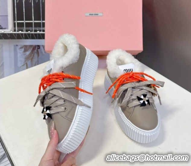 Best Price Miu Miu Leather and Wool Platform Sneakers 4.5cm with Charm Grey 1024101