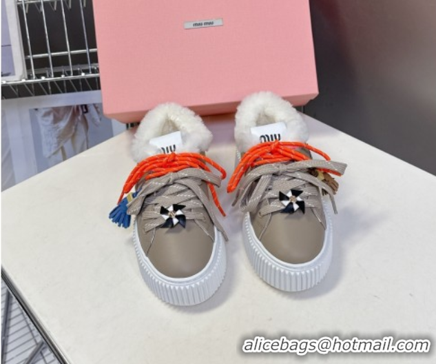 Best Price Miu Miu Leather and Wool Platform Sneakers 4.5cm with Charm Grey 1024101