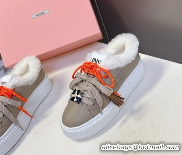 Best Price Miu Miu Leather and Wool Platform Sneakers 4.5cm with Charm Grey 1024101