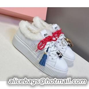 Perfect Miu Miu Leather and Wool Platform Sneakers 4.5cm with Charm White 1024102